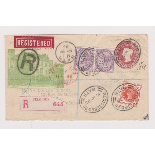 173 - Great Britain 1895-Illustrated stamp dealers envelope posted registered to Spa Belgium cancelled 10.... 