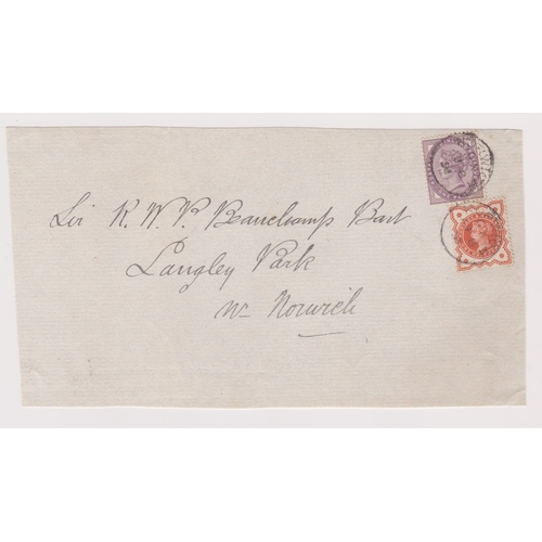 175 - Great Britain 1891-Wrapper piece posted to Langley Park cancelled 8.8.1891 Norwich