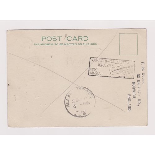 207 - Great Britain 1933-Postcard posted Airmail to Allahabad, India Imperial Airways (1) label applied fo... 