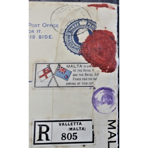 55 - Patriotic and Propaganda Cinderella Labels - Malta registered envelope dated 1941 posted Malta to UK... 