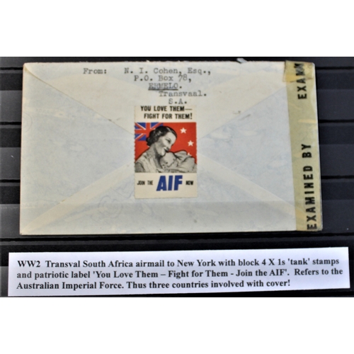 66 - Patriotic and Propaganda Cinderella Labels - WWII envelope posted South Africa to USA opened and res... 