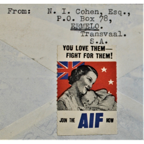 66 - Patriotic and Propaganda Cinderella Labels - WWII envelope posted South Africa to USA opened and res... 