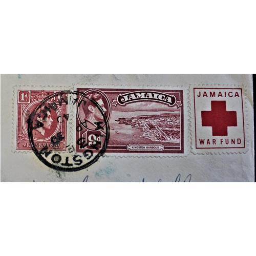 69 - Patriotic and Propaganda Cinderella Labels - Envelope posted Airmail Jamaica to USA opened and resea... 