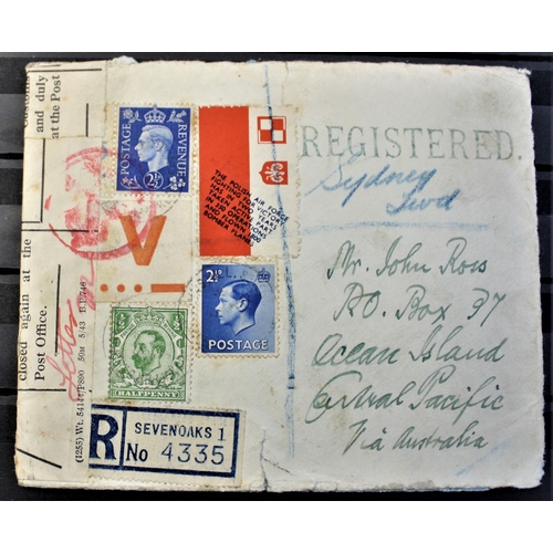 70 - Patriotic and Propaganda Cinderella Labels - Registered envelope posted 1945 UK to Ocean Island via ... 