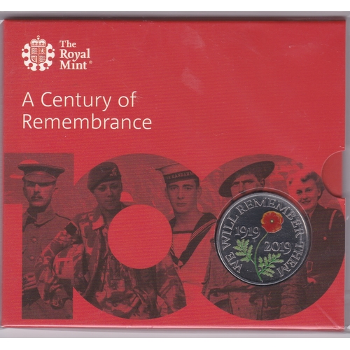 103 - Great Britain 2019 - A Century of Remembrance £5, BUNC in Royal Mint pack, Red Poppy, AUNC