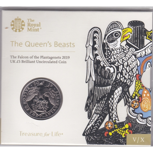 106 - Great Britain 2019 £5 The Queen's Beasts, Falcon of the Plantagenets, BUNC, Royal Mint pack