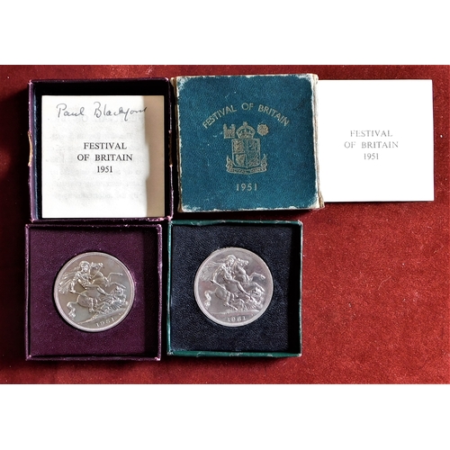 127 - Great Britain 1951 Festival of Britain Crowns (2), Maroon case and Green box, both UNC with leaflets