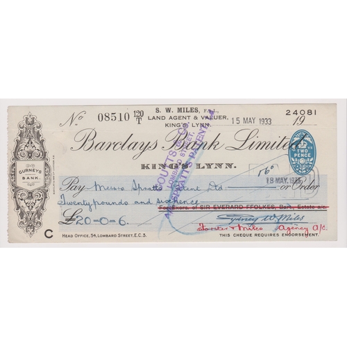 223 - Barclay & Company Limited, King's Lynn. Used, order cheque, RO 6.4.32. Black on cream with blue pane... 