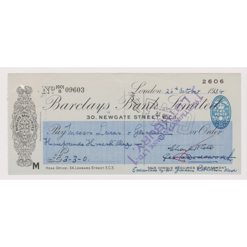 225 - Barclays Bank Limited, 30 Newgate Street E.C.I. Used, order BO 26.7.34. Black on duck shell blue wit... 