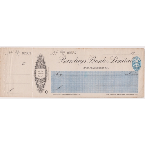 232 - Barclays Bank Limited, Pickering. Mint, order with c/foil, BO 30.8.28. Black on cream with blue pane... 