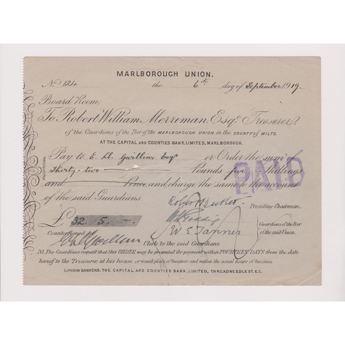 266 - Marlborough Union. Used 1919 No revenue. Black on grey. Printer: Knight & Co.