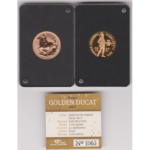 28 - 2017 Gold Set Proof Sovereign and Gold Dutch Ducat, boxed with certificates. Limited editions