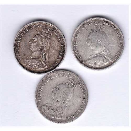 49 - Great Britain 1887, 1889 and 1891 Jubilee Head Silver Threepence, fine to GVF (3)