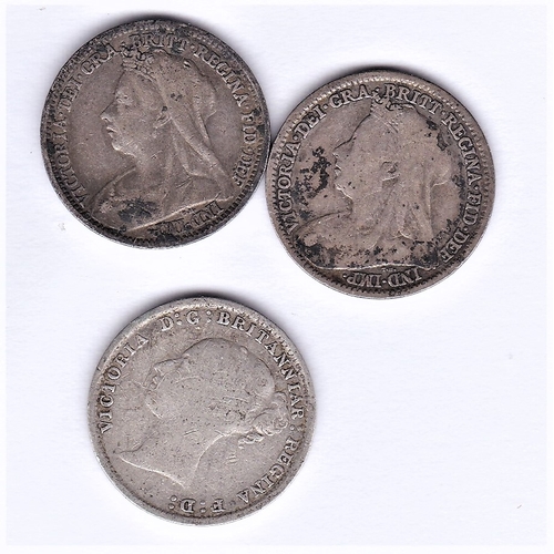 50 - Great Britain Victoria Silver Threepence, 1887 (Young head), 1896 and 1898 NF (3)