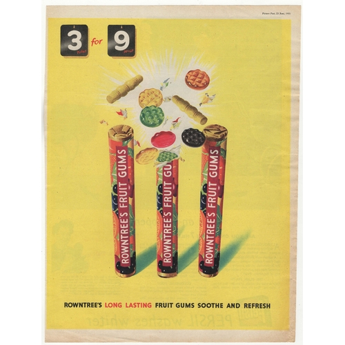 686 - Rowntree's Fruit Gums 1951-colour full page advertisement-3 tubes for 9 pence-small tear at right 10... 