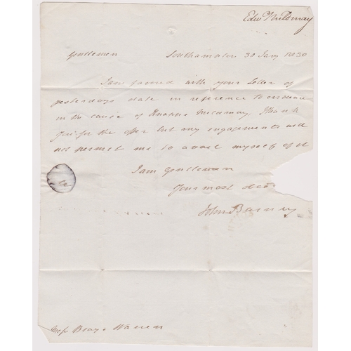 442 - Great Britain 1830-Postal History EL dated 30.1.1830 Southampton posted to London-manuscript postage... 