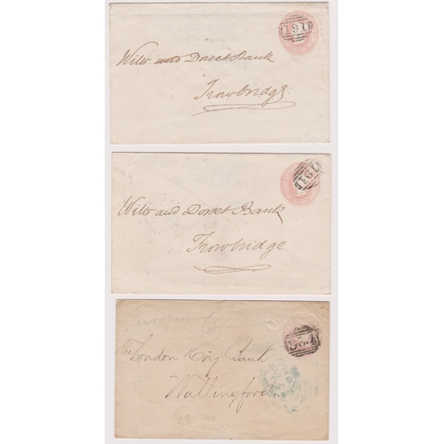 505 - Great Britain 1856-57-(3x) prepaid 1d rose postage Bank Business envelopes with financial instructio... 