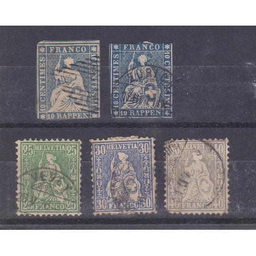 891 - Switzerland 1854 SG 48 used x2 10r Shades and 1862 SG 64, 65a (thin) & 66 used. Cat £250