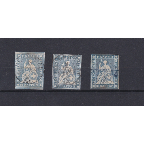 892 - Switzerland 1856 - Carmine silk thread SG 35 fine used 10r x3 shades, Michel 14 including 'Military ... 