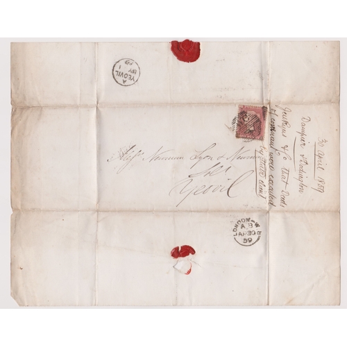 147 - Great Britain 1859 Postal History - Wrapper posted to Yeovil SG29 1d red cancelled with WC/4 strike-... 