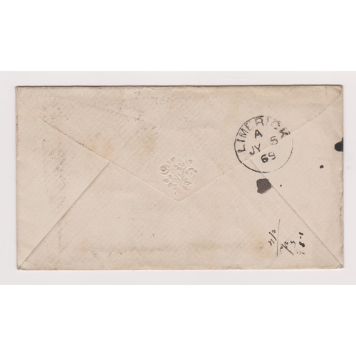 153 - Great Britain 1869 - Stained envelope posted to Limerick SG44 1d red plate 106 cancelled with Mallow... 