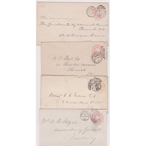 169 - Great Britain 1880-1902 - Group of (4) used prepaid envelopes with 1d pink postal ratee-cancelled Bu... 