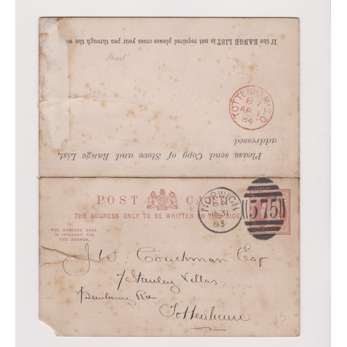 173 - Great Britain 1883 - Prepaid Michel P6 postcard with attached reply card pre printed for commercial ... 