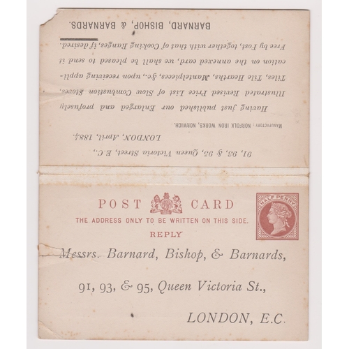 173 - Great Britain 1883 - Prepaid Michel P6 postcard with attached reply card pre printed for commercial ... 