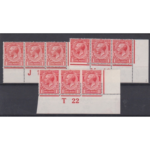 193 - Great Britain 1912-SG357 1d red m/m strips of (3) control J19,Great Britain 1912 SG357 1d red m/m st... 