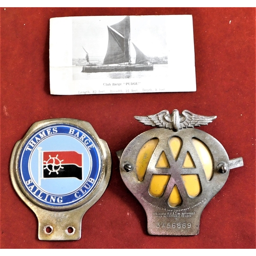 38 - Car Badges - AA - and a Thames Barge Sailing club badge (car) - good condition