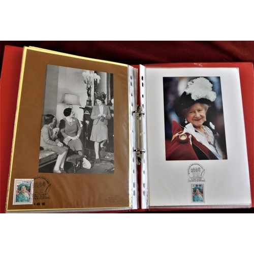 395 - Prints-An album collection of prints of the Queen Mother with stamps on each print-coloured and R.P ... 