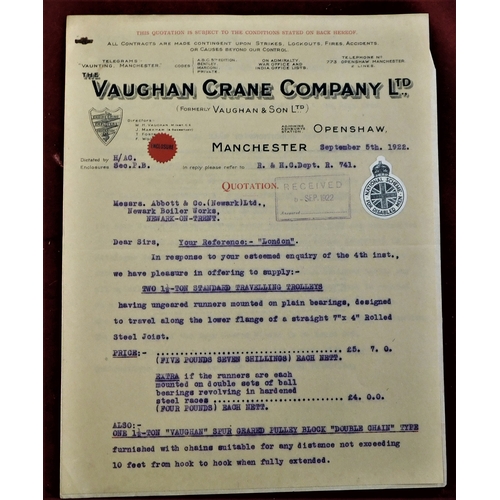 181 - Letter 5th Sept 1922 - The Vaughan Crane Company Ltd - (Formally Vaughan + Son Ltd) - Letter to Abbo... 