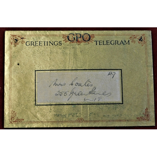 219 - Telegram - Great Britain 1936 G.P.O. Greetings Telegram and envelope cancelled 1.12.1936 Wood Green