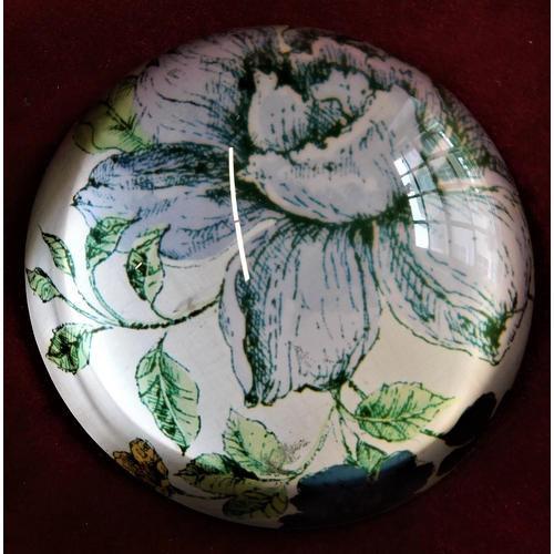 469 - Glass Paper Weight - (3) one dome with green leaves - one heart shape with pink flower - one black a... 