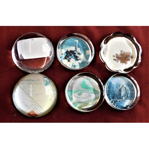 472 - Glass Paper Weights (6) - (1) Green Swirls - small flat - (1) Light House small flat - (1) Windmill ... 