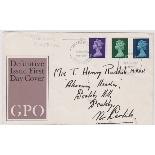 605 - 1967-3d-1/6d on GPO FDC with Carlisle FDI H/S, the 3d value with missing phosphor, AW - Ex Robert Au... 