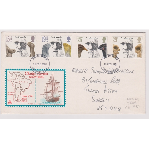 783 - 1981 - 10 feb Charles Darwin Set - on FDC, London FD1 error wrong year on date stamp - stamp issued ... 