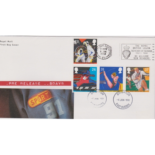 857 - 1991- Sport Set - on Royal Mail FDC with Royal British Legion 1921 - 1991 slogan pre-release by 5 da... 