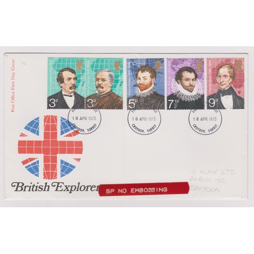 686 - 1973 - British Explorers Set - on Post Office FDC error 5p No Embossing - Ex Robert Auty GB Errors C... 