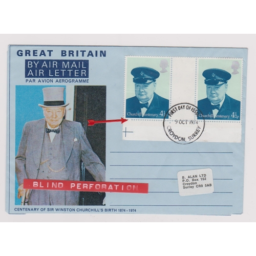 708 - 1974 - Churchill Air Letter posted Croydon FDC with pair of 4.1/2d adhesives - on variety blind perf... 