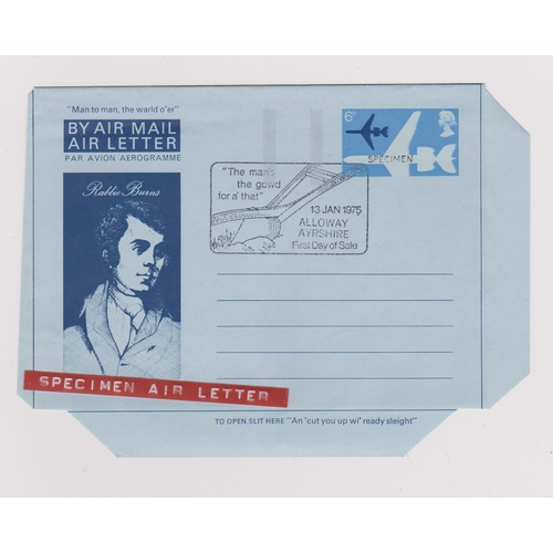 710 - 1975 - (13 Jan) Air Letter with Burns Alloway FDC H/S  and 6d over printed specimen - Ex Robert Auty... 