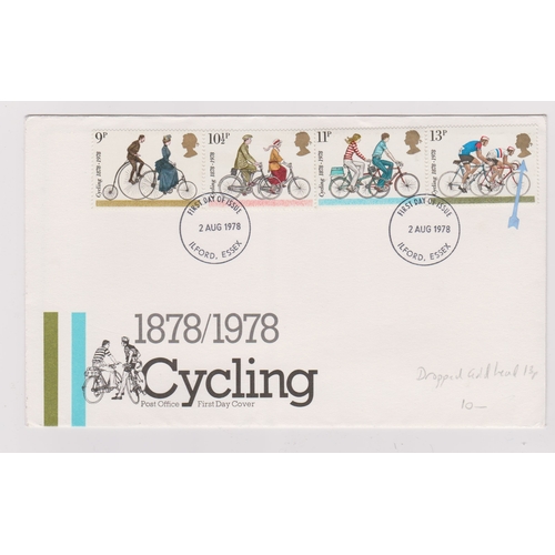 740 - 1978 - Cycling Set - on Post office FDC,error 13p dropped gold head - Ex Robert Auty GB Errors Colle... 