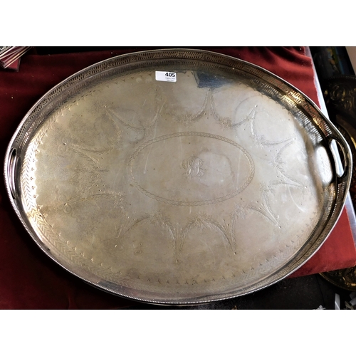 405 - Large Oval White metal Tray - patterned (heavy) with raised sides