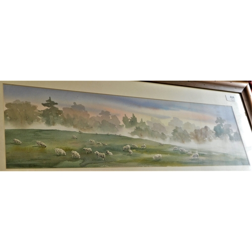 424 - Framed Picture of Sheep Grazing - coloured - 90cm x41 cm very god condition - BUYER COLLECT