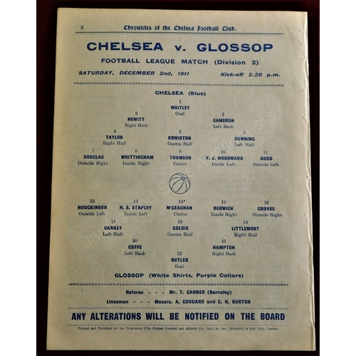 1 - Chelsea v Glossop 2nd December 1911 Programme. Ex Bound volume. Good.