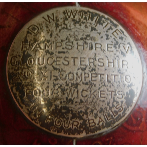 154 - Cricket Match Ball with silver plaque to D.W. White Hampshire v Gloucestershire 2nd XI Competition '... 