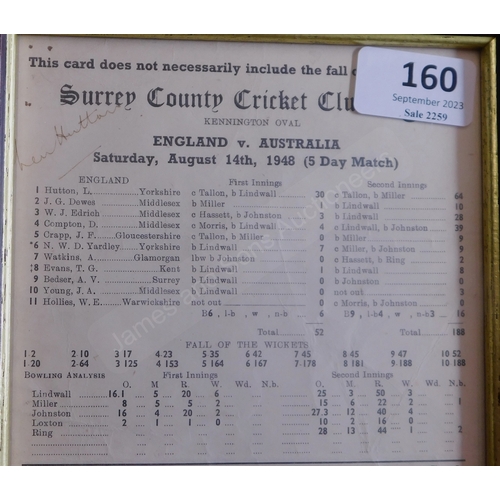 160 - Cricket 1948 Scorecard England v Australia (14.08.1948) Bradman's last test. Signed by Len Hutton at... 