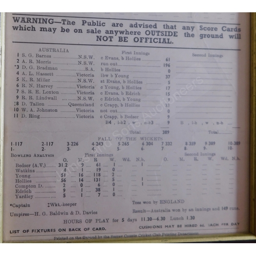 160 - Cricket 1948 Scorecard England v Australia (14.08.1948) Bradman's last test. Signed by Len Hutton at... 