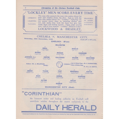 289 - Chelsea v Manchester City 15th November 1930 programme. Ex Bound Volume. Good