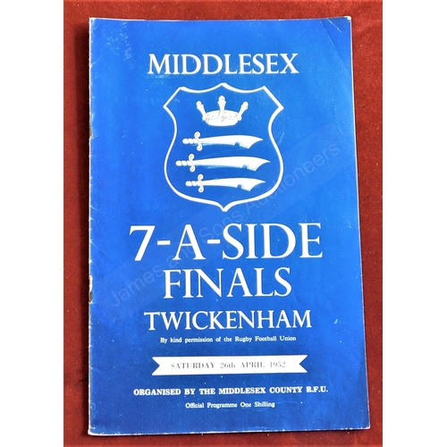 188 - Rugby Union - 1952 Middlesex 7-a-side Final Twickenham. Good condition, rounds, results in neat pen.... 